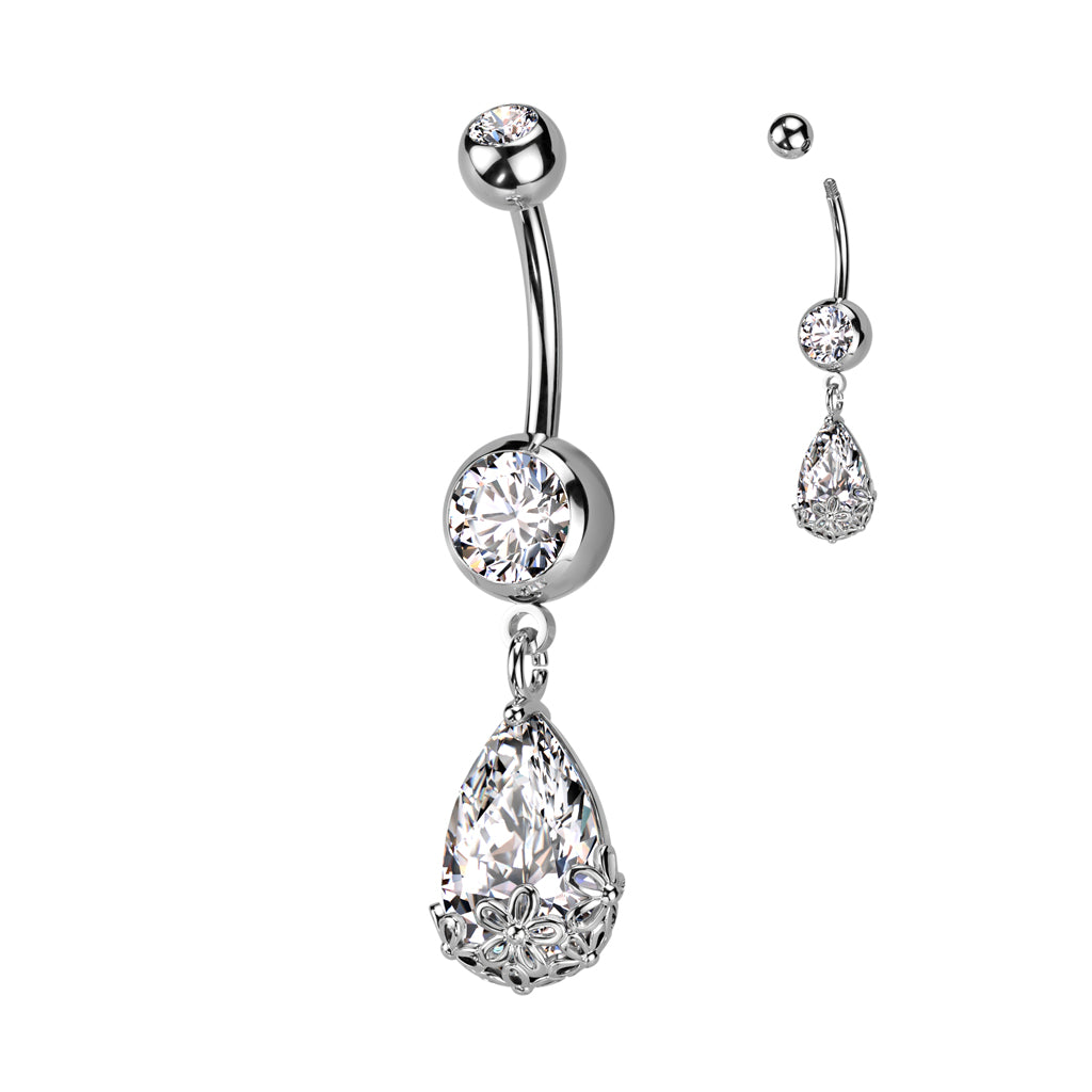 Double Jeweled CZ With Pear CZ Floral Prong Set Dangle Navel Bar
