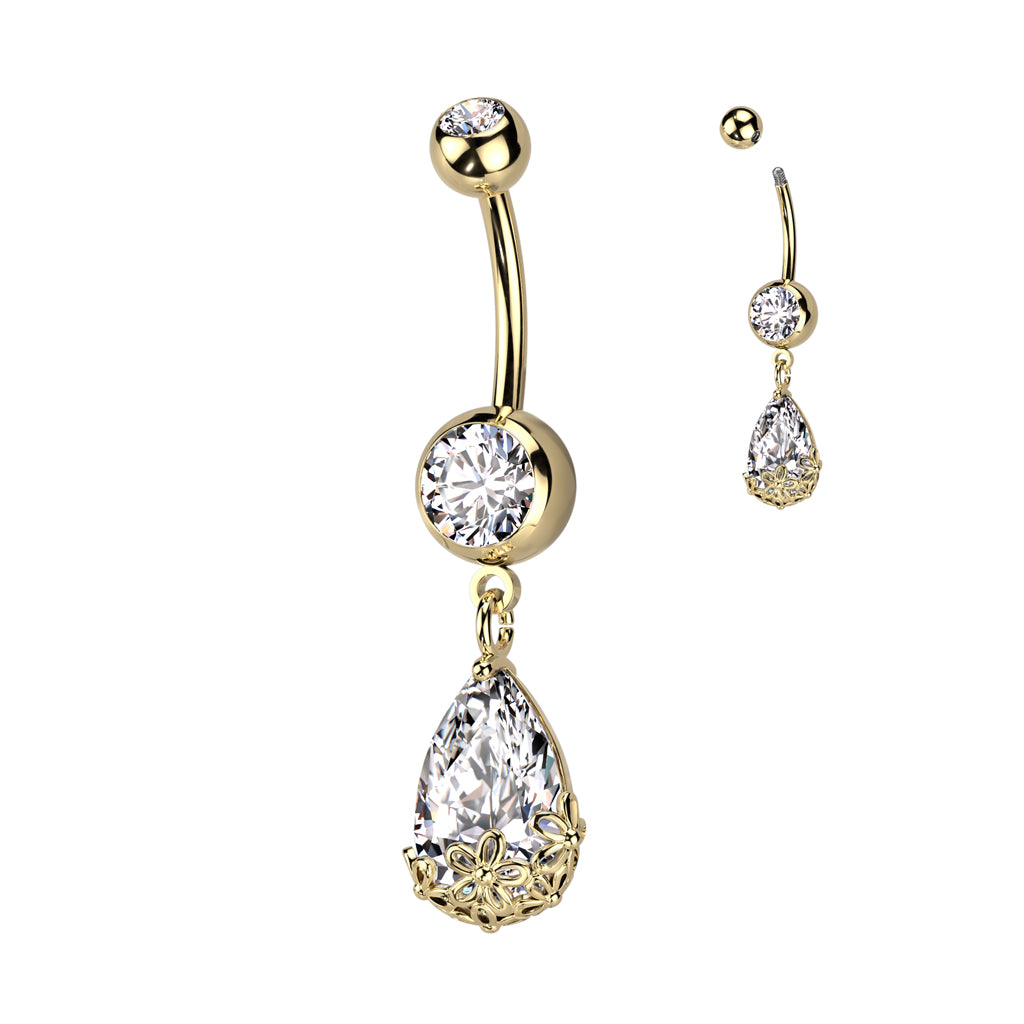 Double Jeweled CZ With Pear CZ Floral Prong Set Dangle Navel Bar