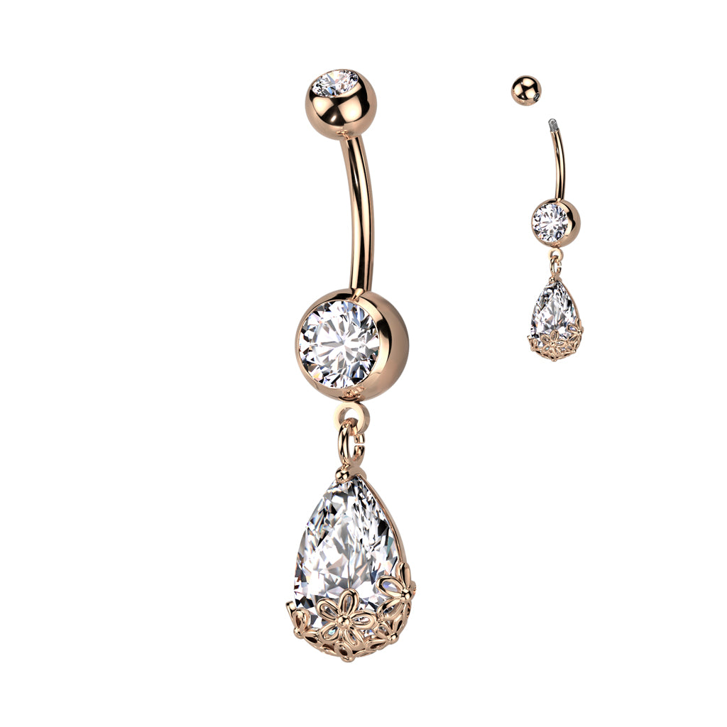 Double Jeweled CZ With Pear CZ Floral Prong Set Dangle Navel Bar
