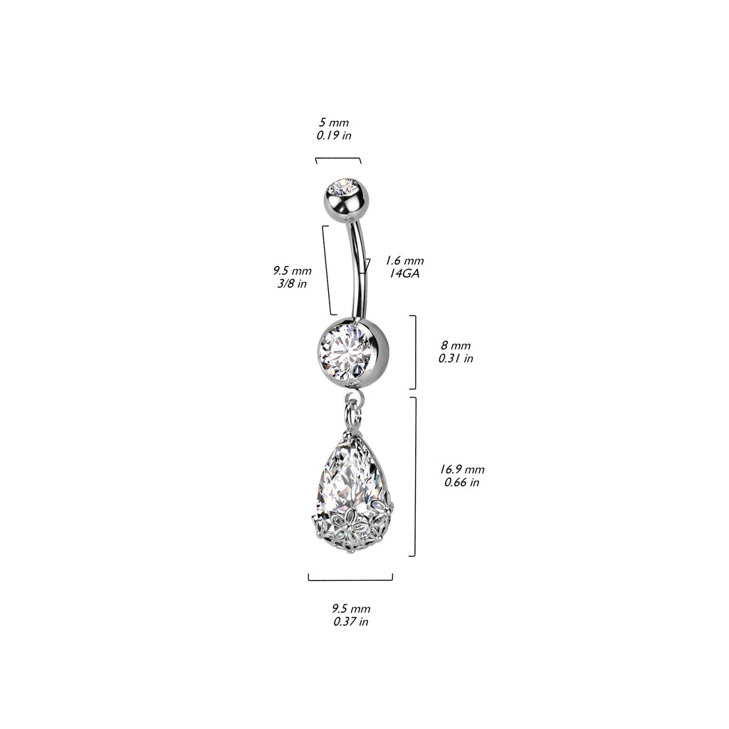 Double Jeweled CZ With Pear CZ Floral Prong Set Dangle Navel Bar