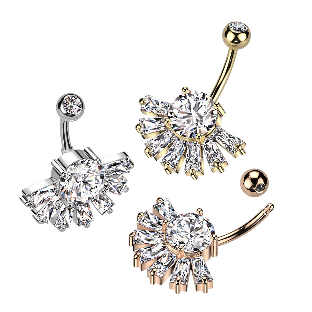 Double CZ Big Baguette CZ Fan Bottom Navel Bar