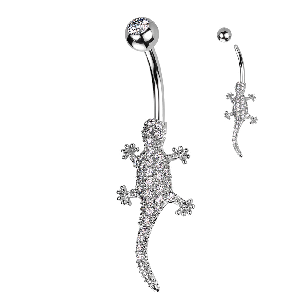 Navel Bar With Pave CZ Lizard