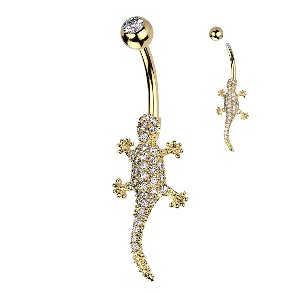 Navel Bar With Pave CZ Lizard
