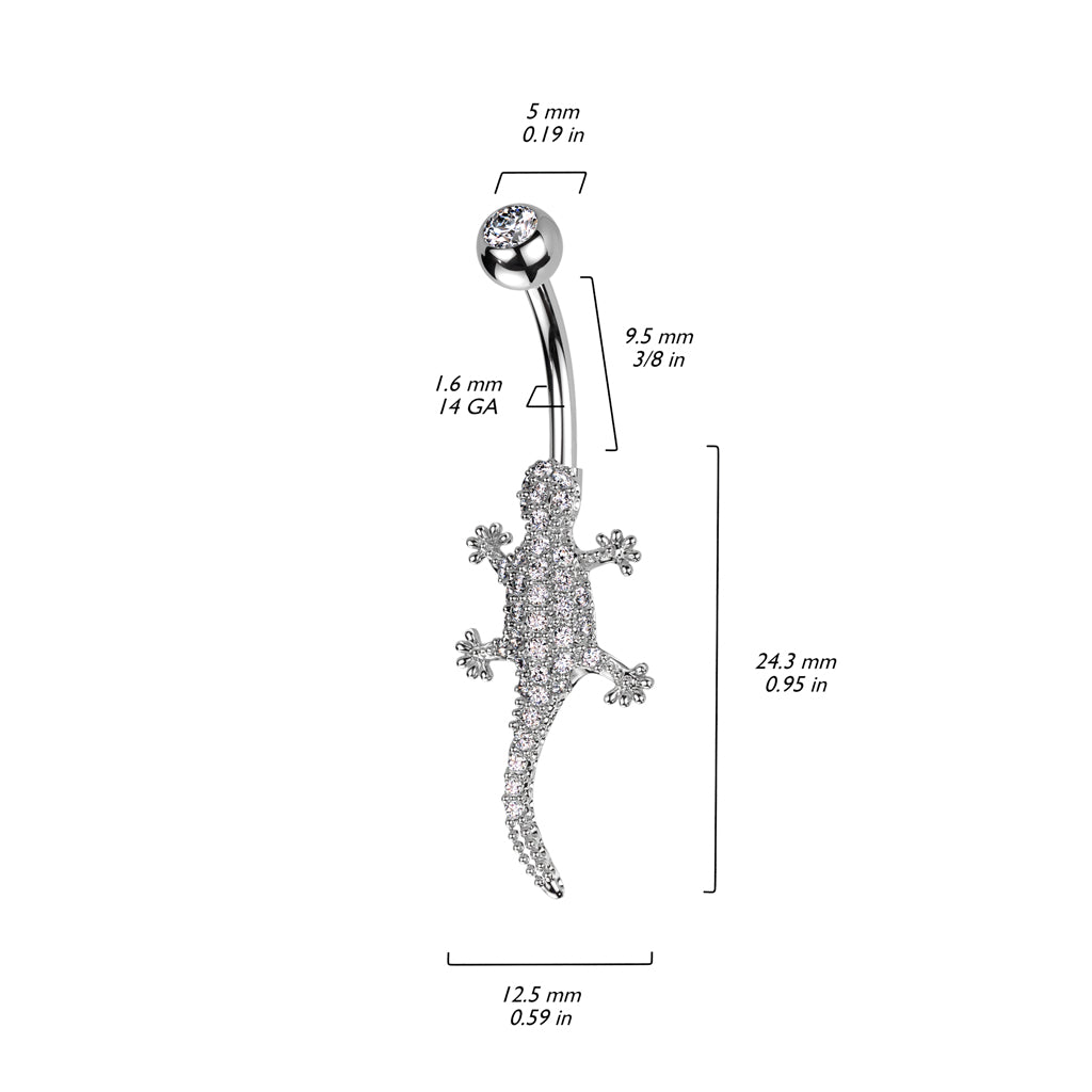 Navel Bar With Pave CZ Lizard