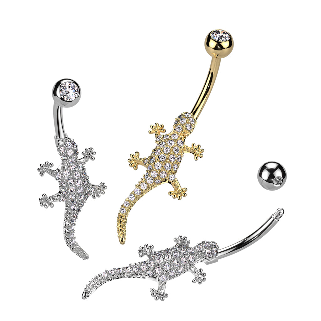 Navel Bar With Pave CZ Lizard