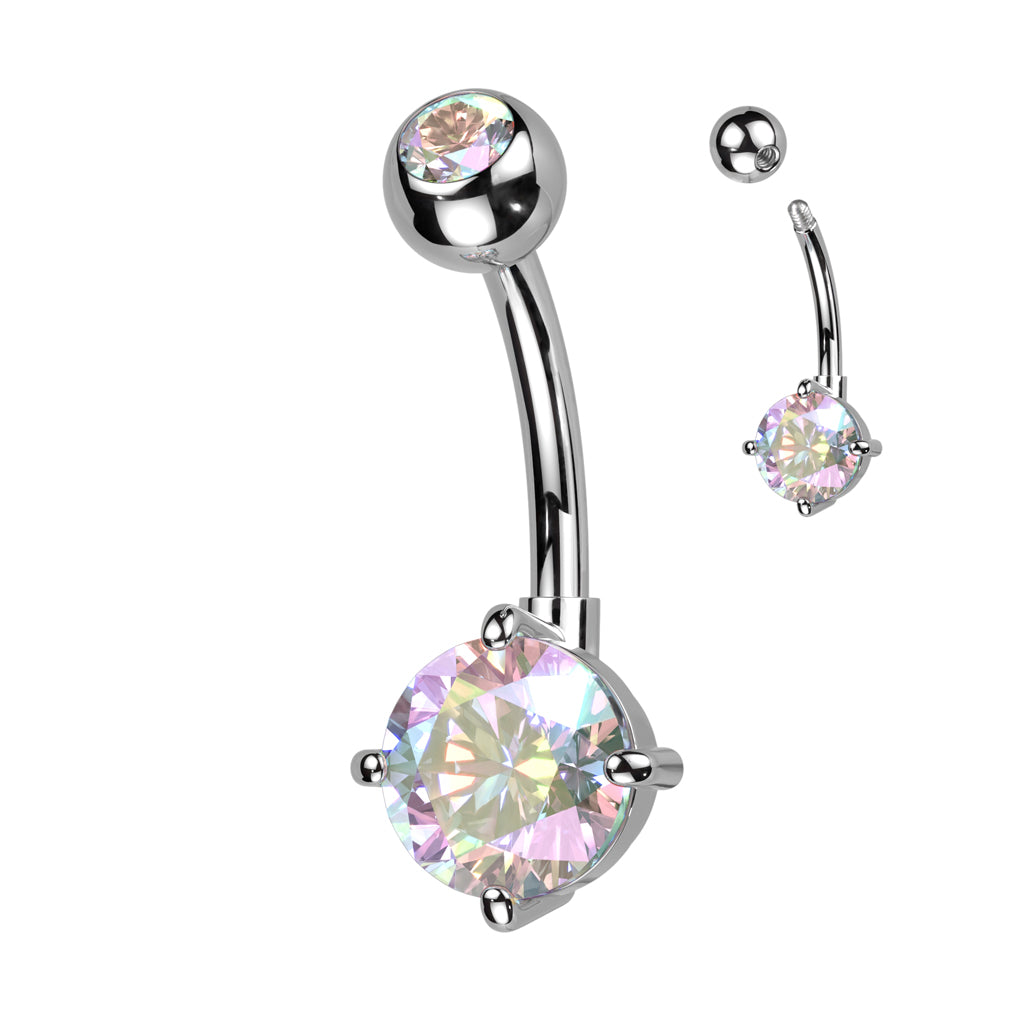 Navel Bar Bezel Set CZ Top and Round Brass Prong Set CZ