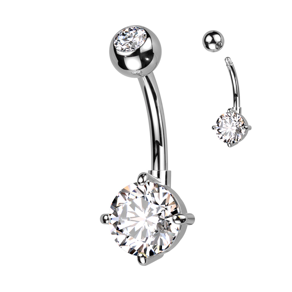 Navel Bar Bezel Set CZ Top and Round Brass Prong Set CZ