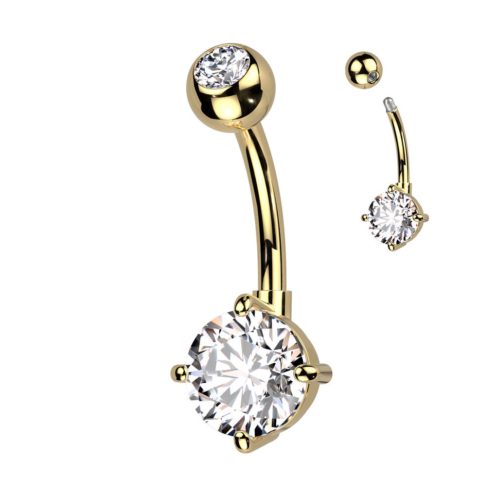 Navel Bar Bezel Set CZ Top and Round Brass Prong Set CZ