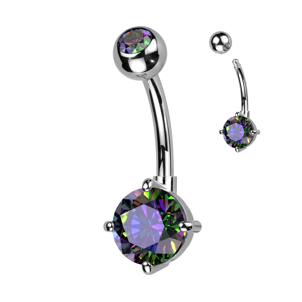 Navel Bar Bezel Set CZ Top and Round Brass Prong Set CZ