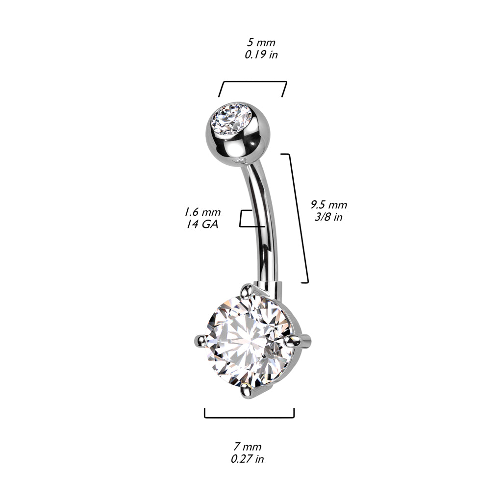 Navel Bar Bezel Set CZ Top and Round Brass Prong Set CZ