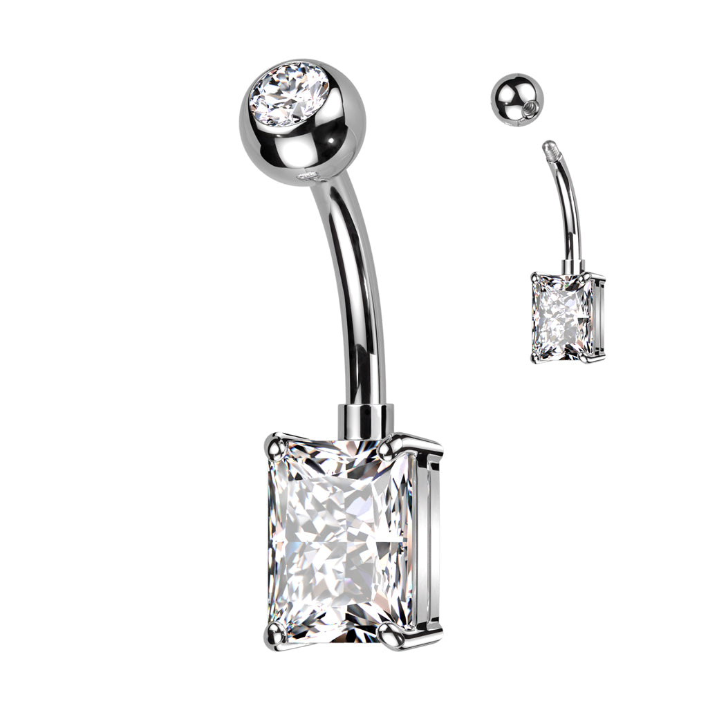Threadless CZ Top and Rectangle Brass Prong Set CZ Navel Bar