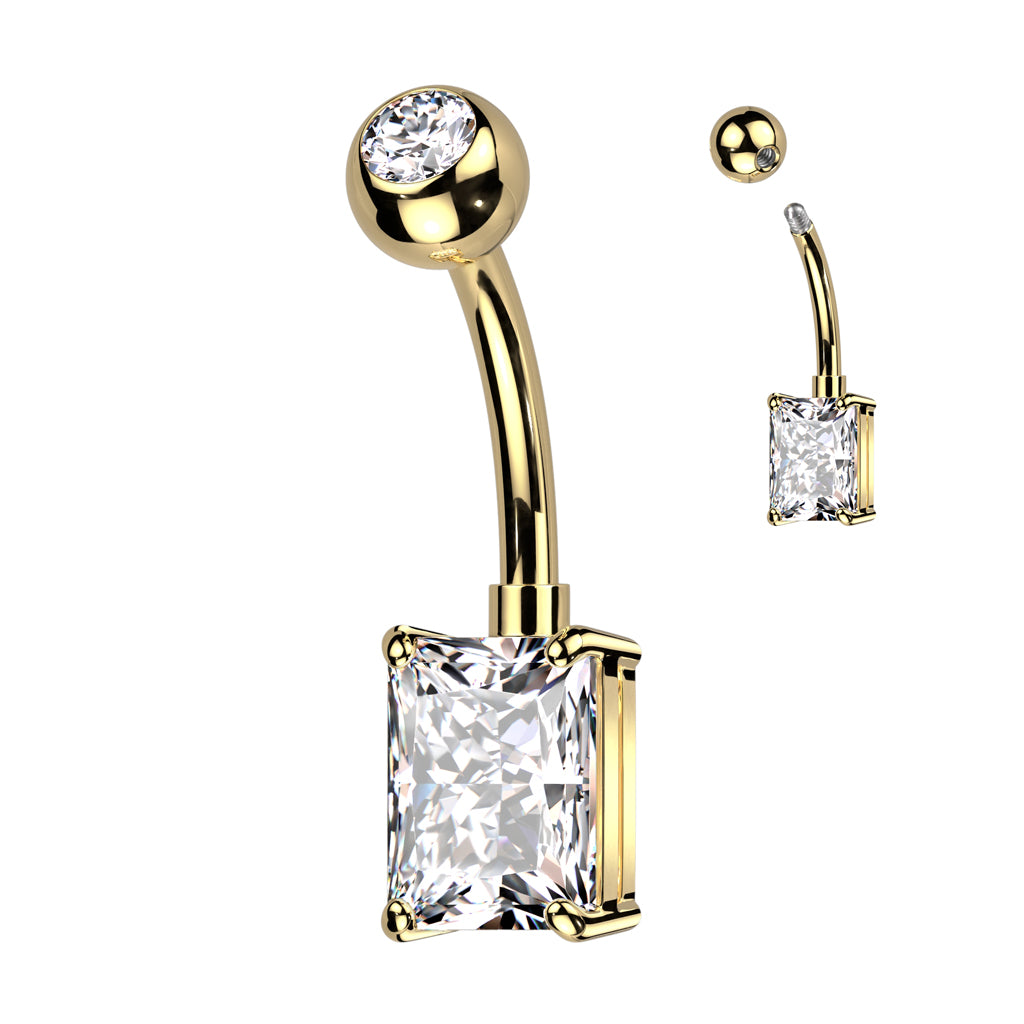 Threadless CZ Top and Rectangle Brass Prong Set CZ Navel Bar
