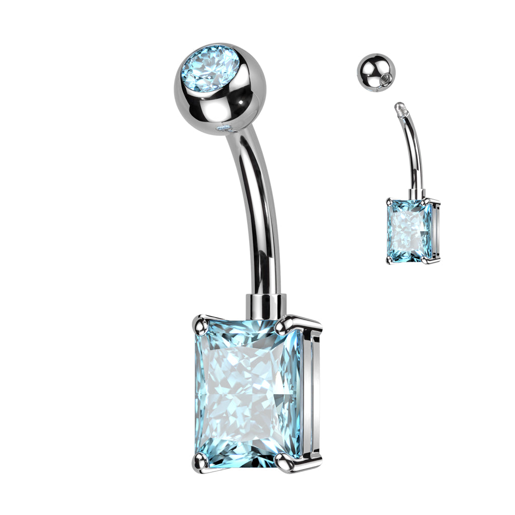 Threadless CZ Top and Rectangle Brass Prong Set CZ Navel Bar