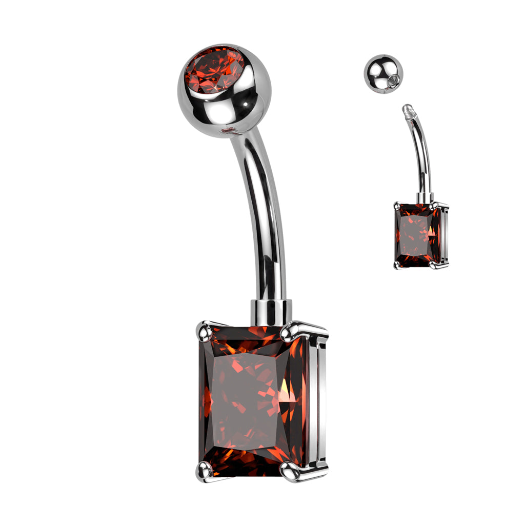 Threadless CZ Top and Rectangle Brass Prong Set CZ Navel Bar