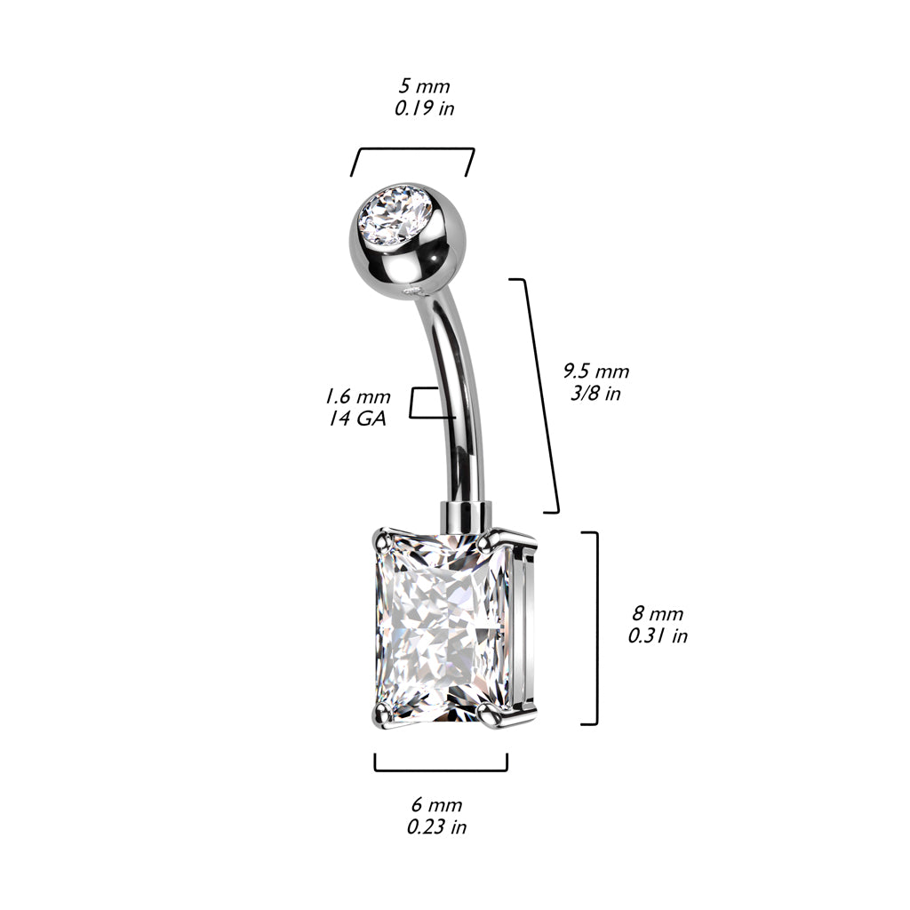 Threadless CZ Top and Rectangle Brass Prong Set CZ Navel Bar