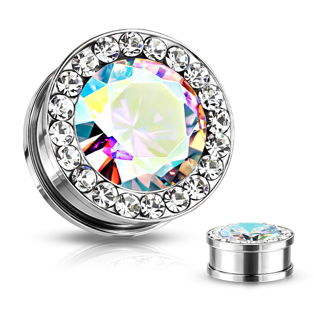 Round CZ Center with CZ Around Rim Screw Fit Flesh Tunnels