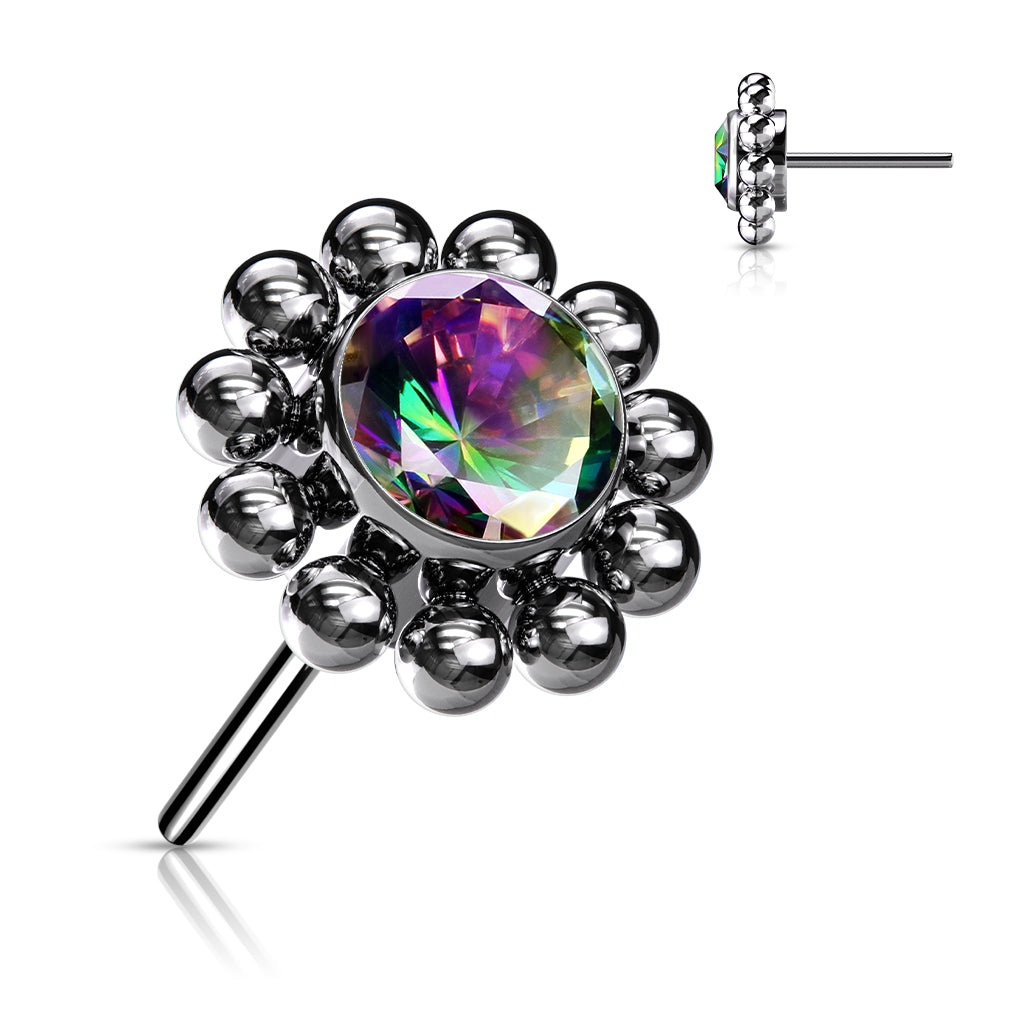 Threadless Push In Bezel Set CZ Center With Beaded Ball Edge Top