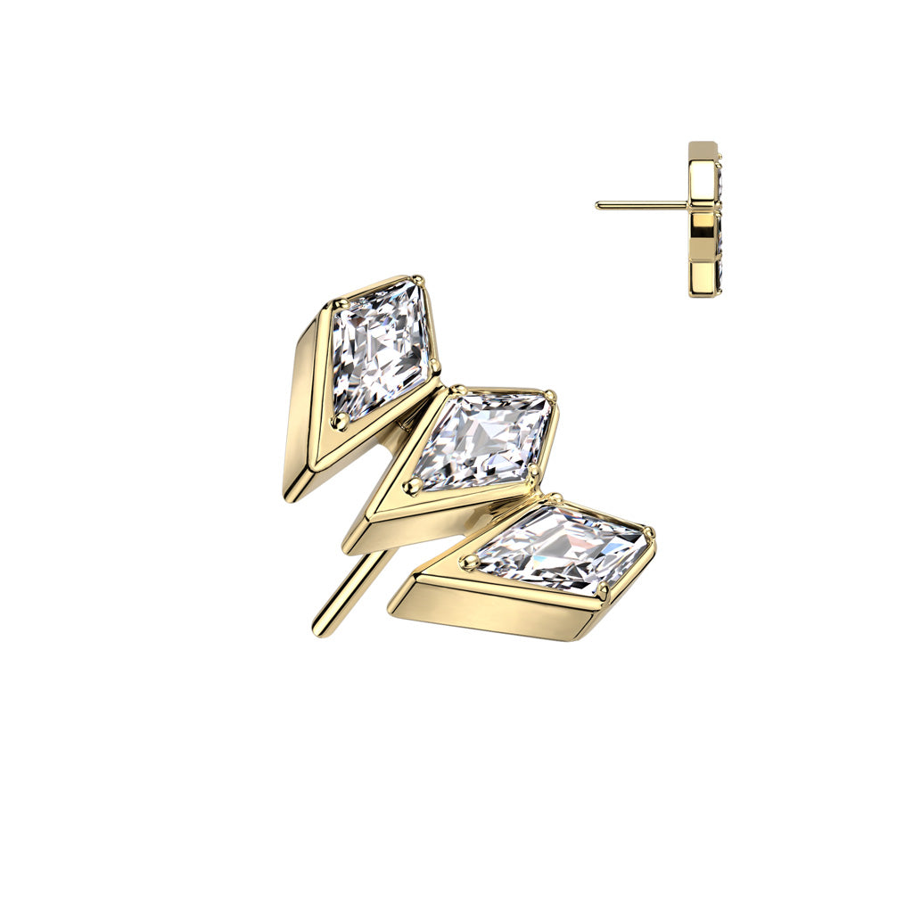 Threadless Push In 3 Diamond Shaped CZ Spears Top