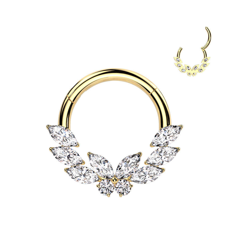 High Quality Precision Hinged Segment Ring with CZ Butterfly Center and 3 Marquise CZ either side