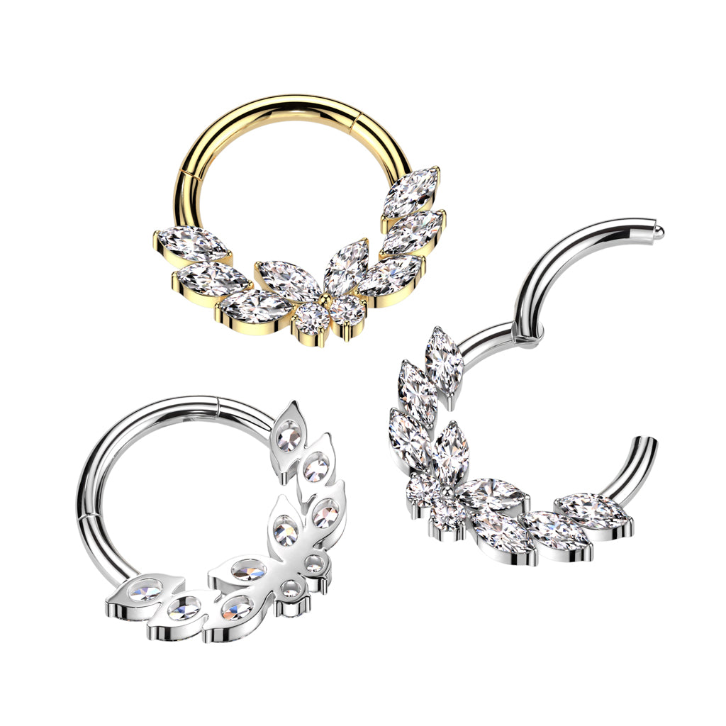 High Quality Precision Hinged Segment Ring with CZ Butterfly Center and 3 Marquise CZ either side