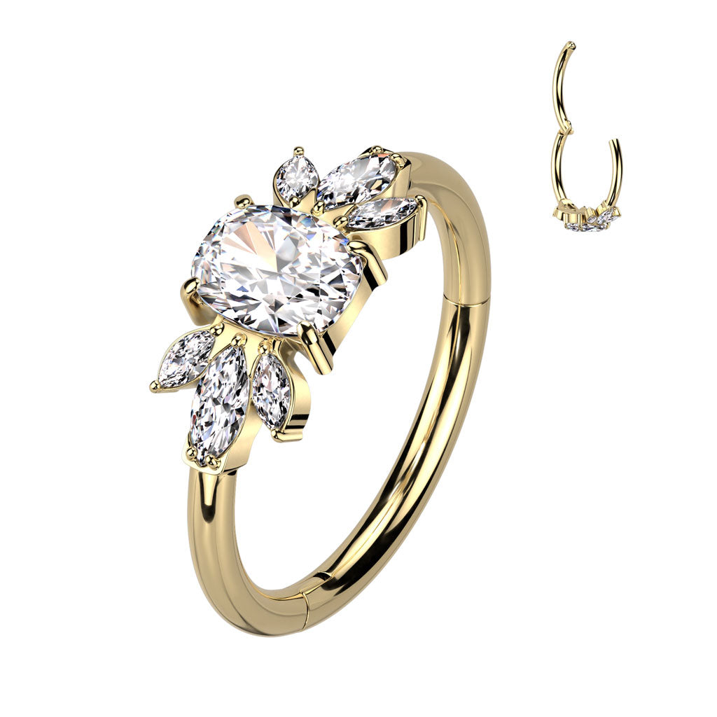 Hinged Segment Hoop With Emerald Cut CZ Center Between Double CZ Marquise Leaf