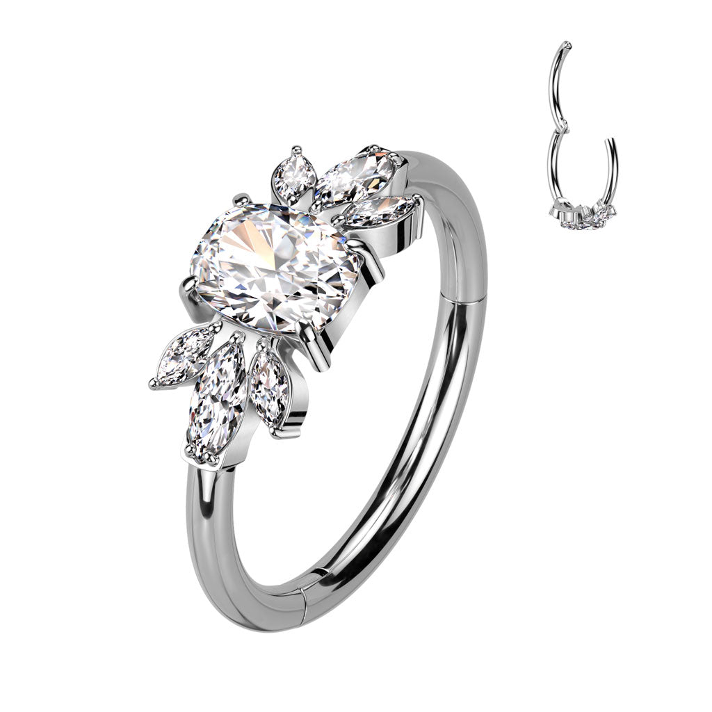 Hinged Segment Hoop With Emerald Cut CZ Center Between Double CZ Marquise Leaf