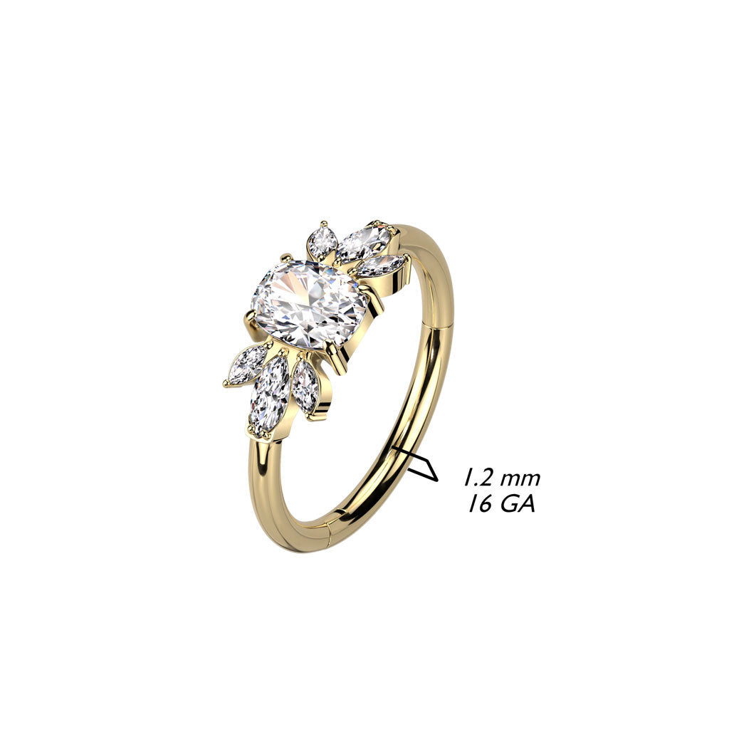 Hinged Segment Hoop With Emerald Cut CZ Center Between Double CZ Marquise Leaf