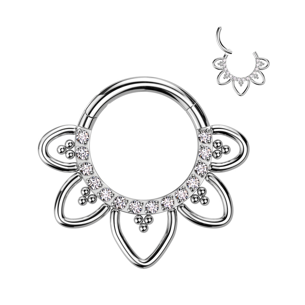 Hinged Segment Hoop Ring With Front Facing CZ Pave Heart Filigree