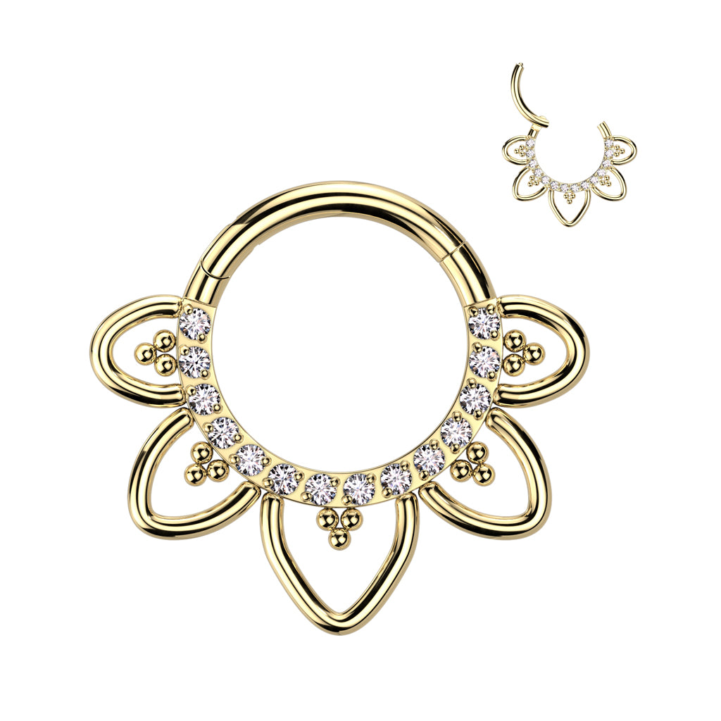 Hinged Segment Hoop Ring With Front Facing CZ Pave Heart Filigree