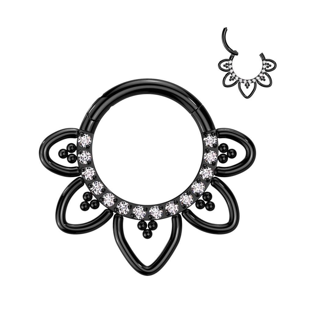 Hinged Segment Hoop Ring With Front Facing CZ Pave Heart Filigree