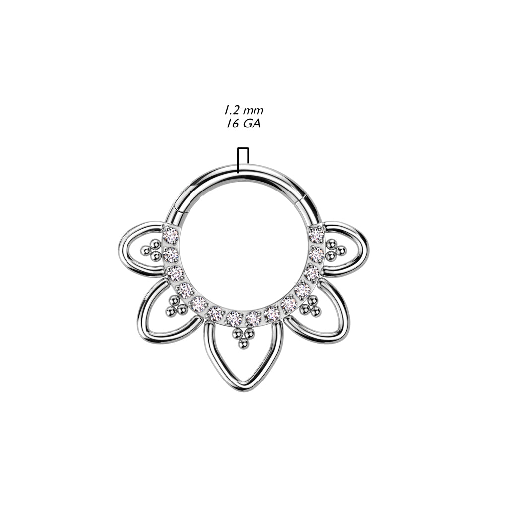 Hinged Segment Hoop Ring With Front Facing CZ Pave Heart Filigree