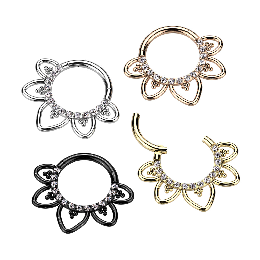 Hinged Segment Hoop Ring With Front Facing CZ Pave Heart Filigree