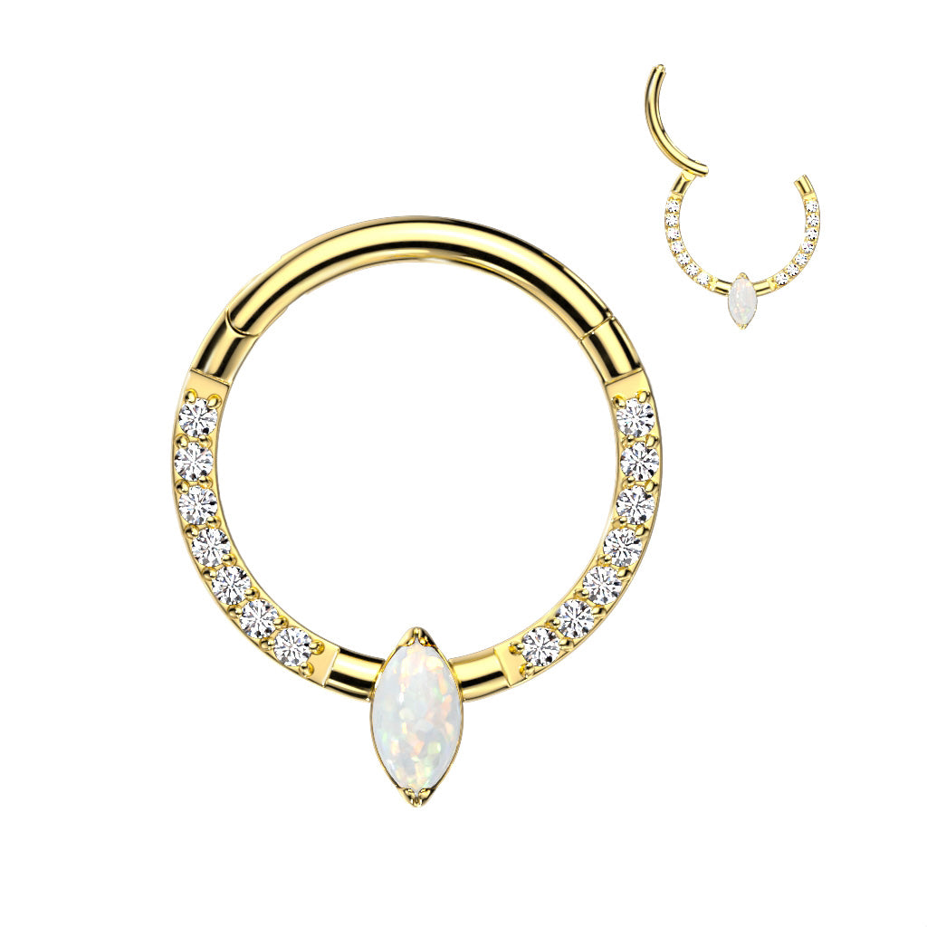 Hinged Segment Hoop Ring With Marquise CZ or Opal Center and Pave CZ Sides