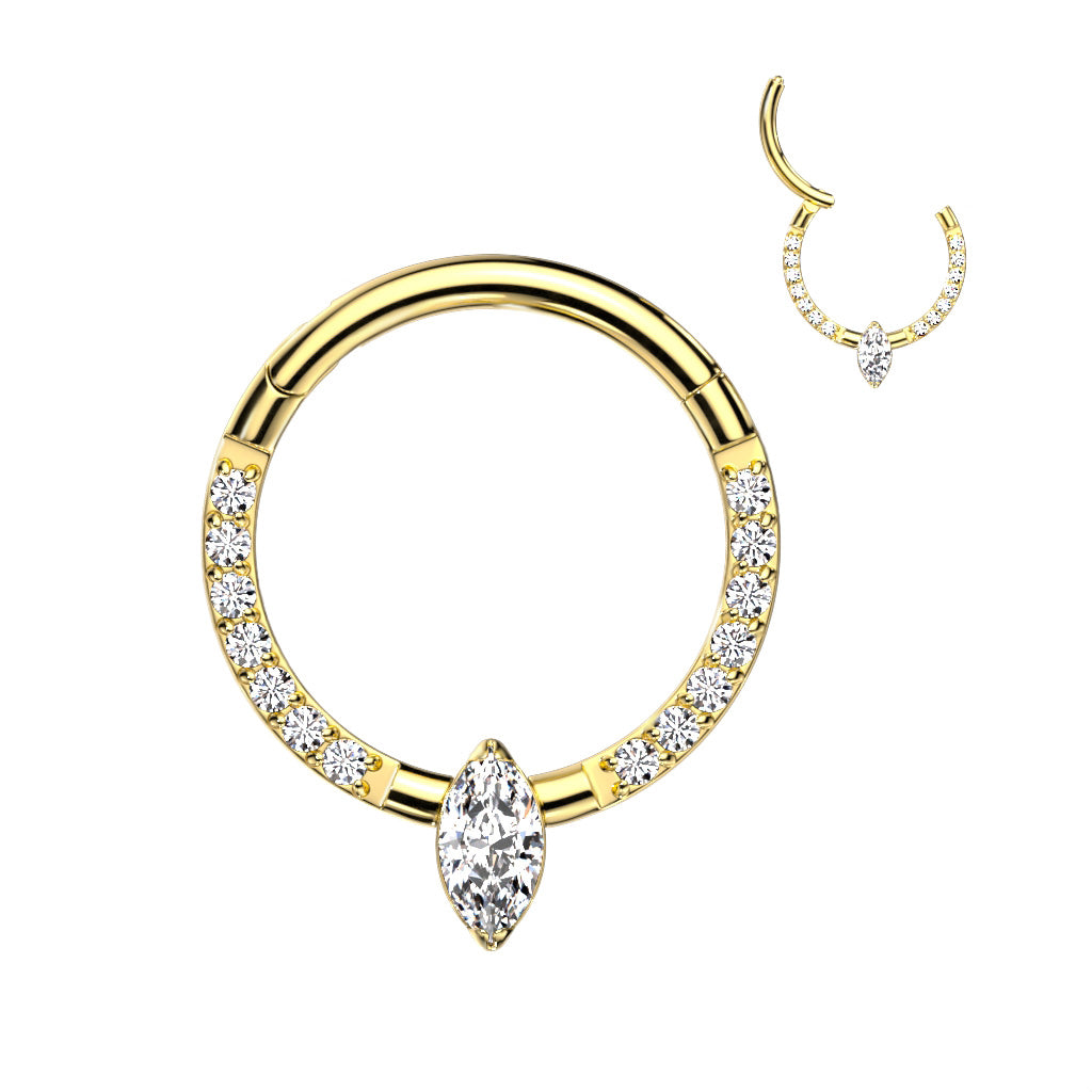 Hinged Segment Hoop Ring With Marquise CZ or Opal Center and Pave CZ Sides