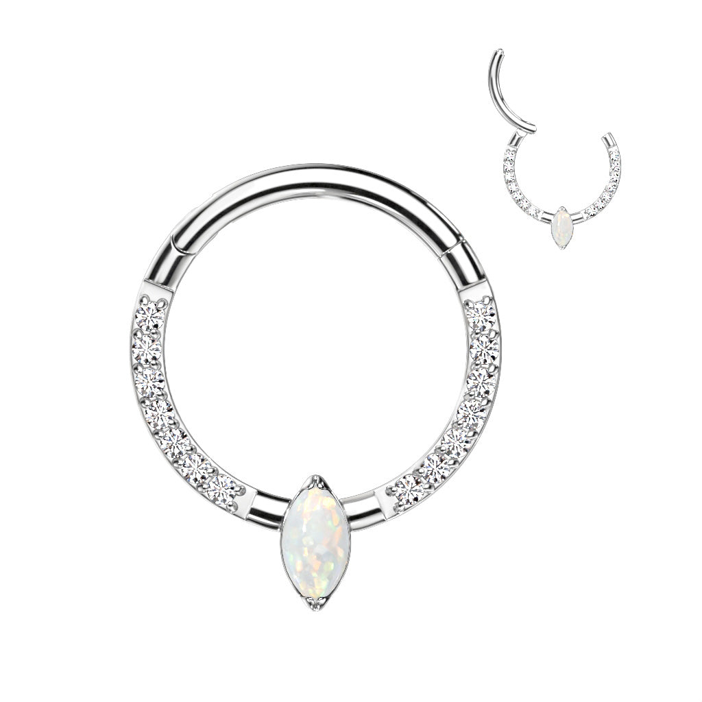 Hinged Segment Hoop Ring With Marquise CZ or Opal Center and Pave CZ Sides