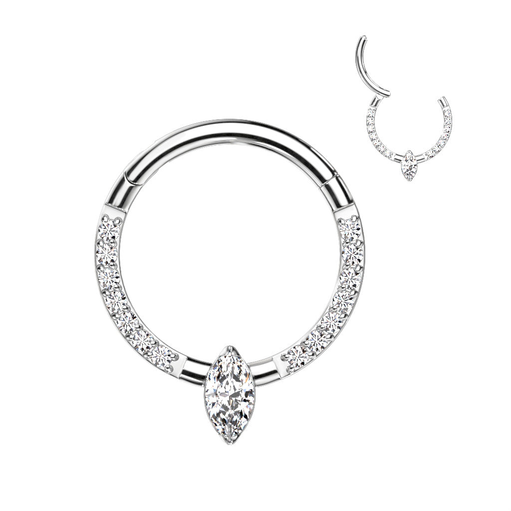 Hinged Segment Hoop Ring With Marquise CZ or Opal Center and Pave CZ Sides