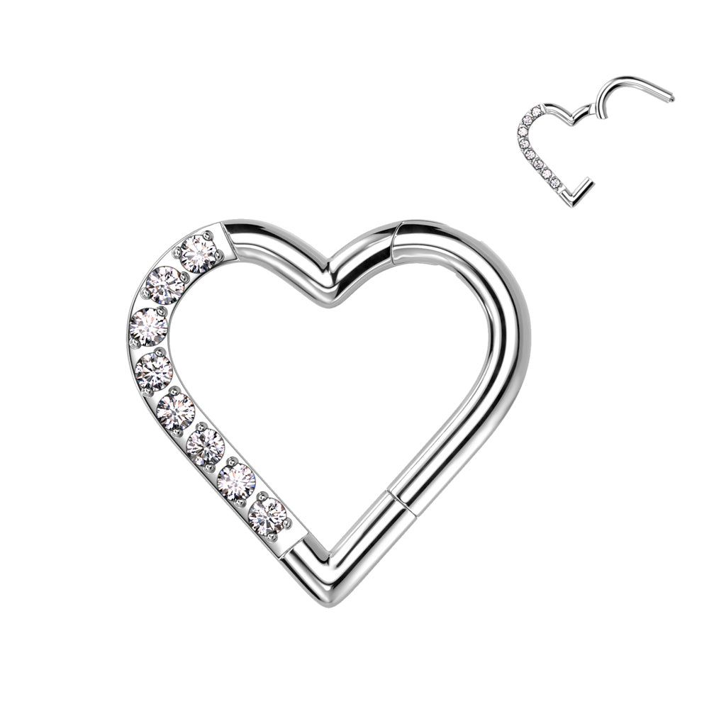 Hinged Segment Hoop Ring With Half Pave CZ Heart
