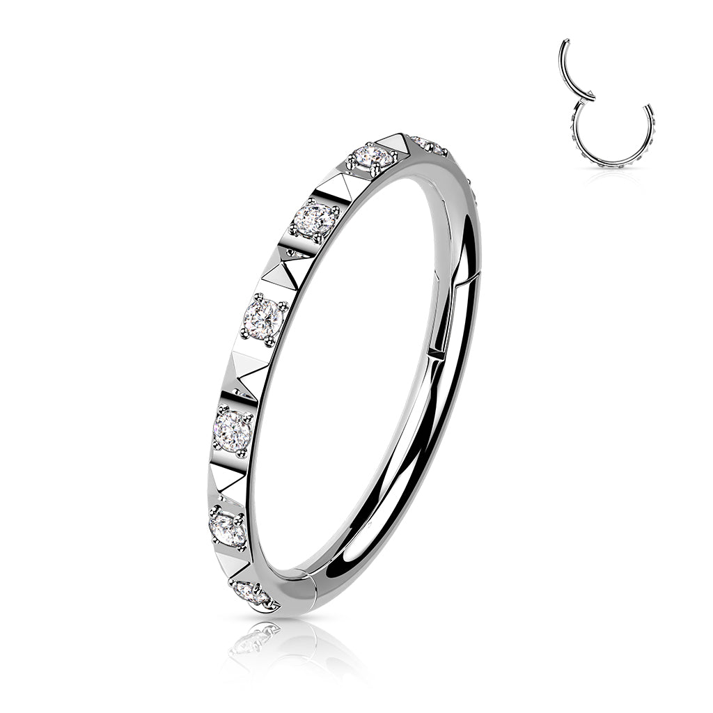 Hoop Ring With CZ Between Pyramid Cut Studs