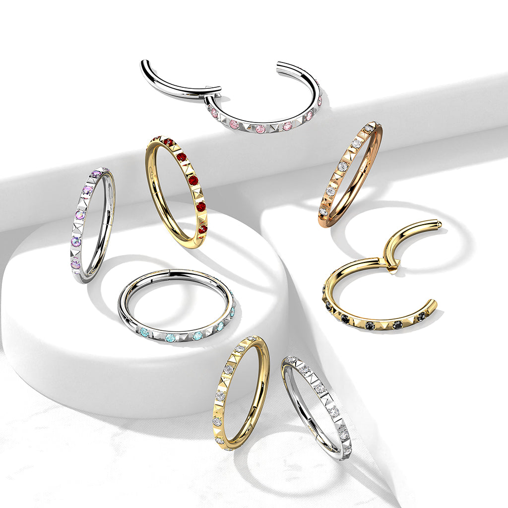 Hoop Ring With CZ Between Pyramid Cut Studs