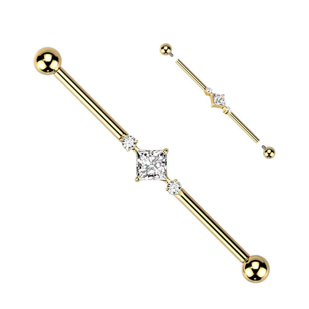 Industrial Barbell With Square CZ Center and 2 Round CZs