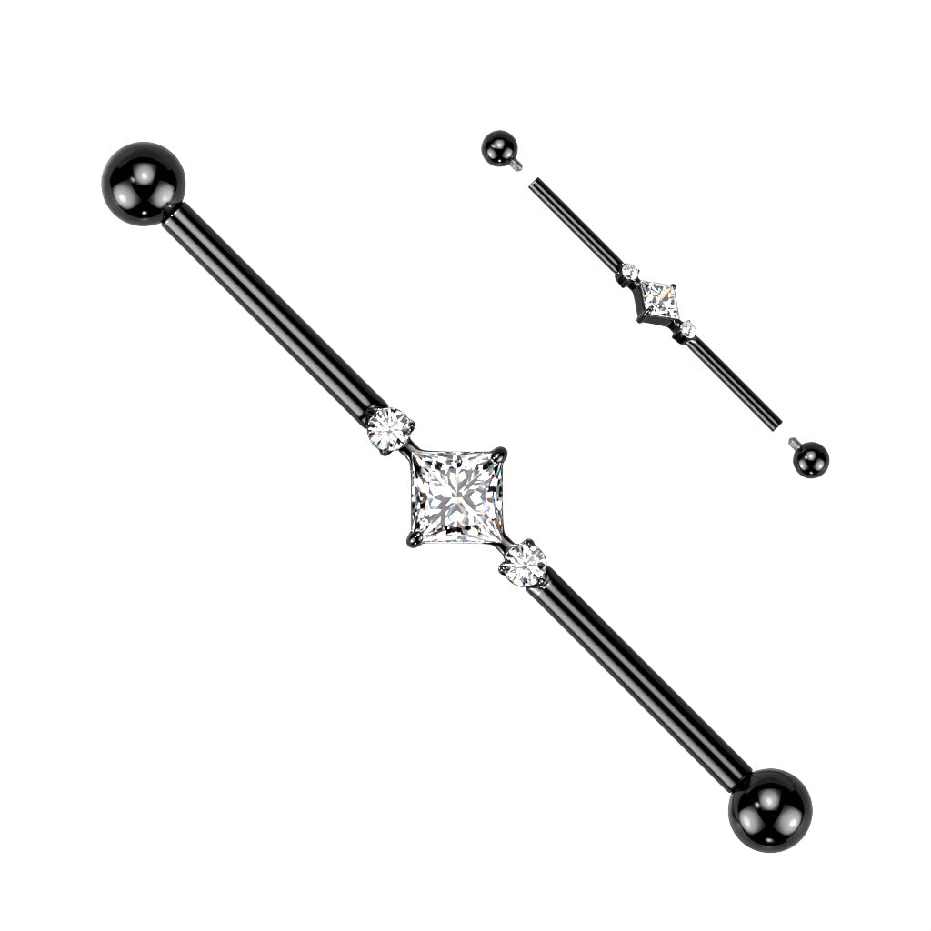 Industrial Barbell With Square CZ Center and 2 Round CZs