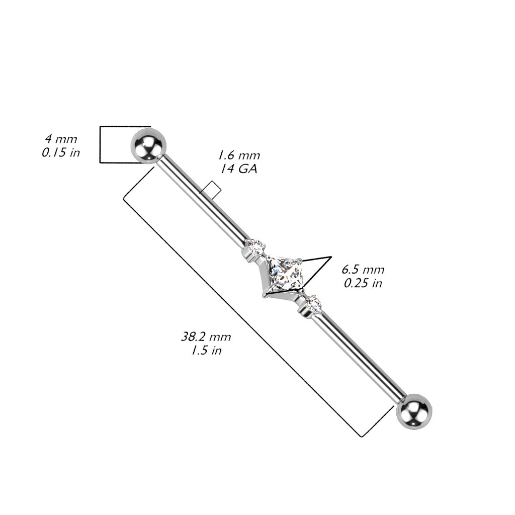 Industrial Barbell With Square CZ Center and 2 Round CZs