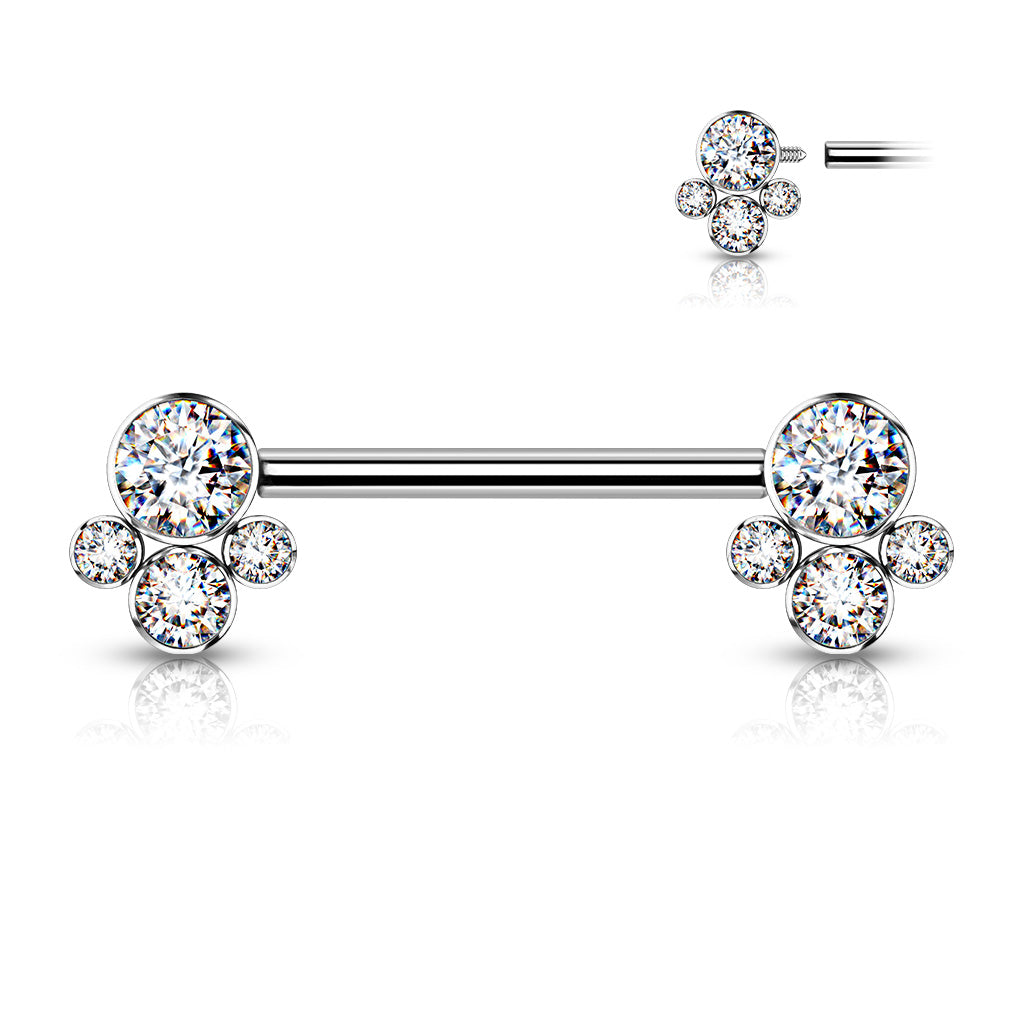 Nipple Barbell With 4 Bezel Set Cluster CZ Ends