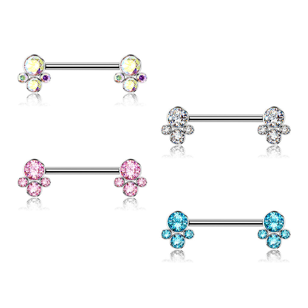 Nipple Barbell With 4 Bezel Set Cluster CZ Ends