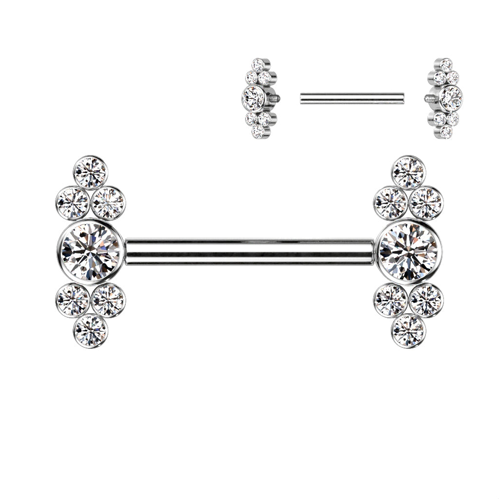 Nipple Barbell With Bezel Set CZ Center and Trinity CZ Clusters