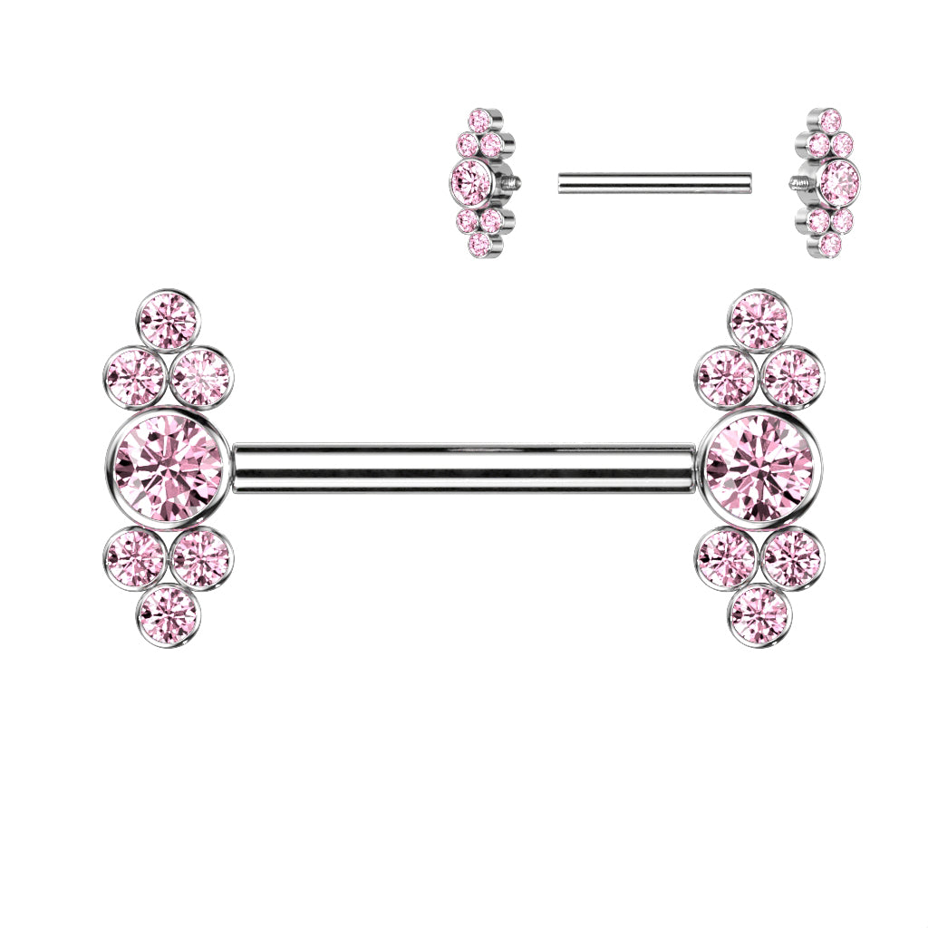 Nipple Barbell With Bezel Set CZ Center and Trinity CZ Clusters