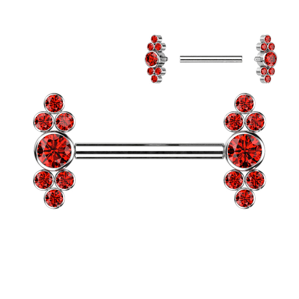 Nipple Barbell With Bezel Set CZ Center and Trinity CZ Clusters