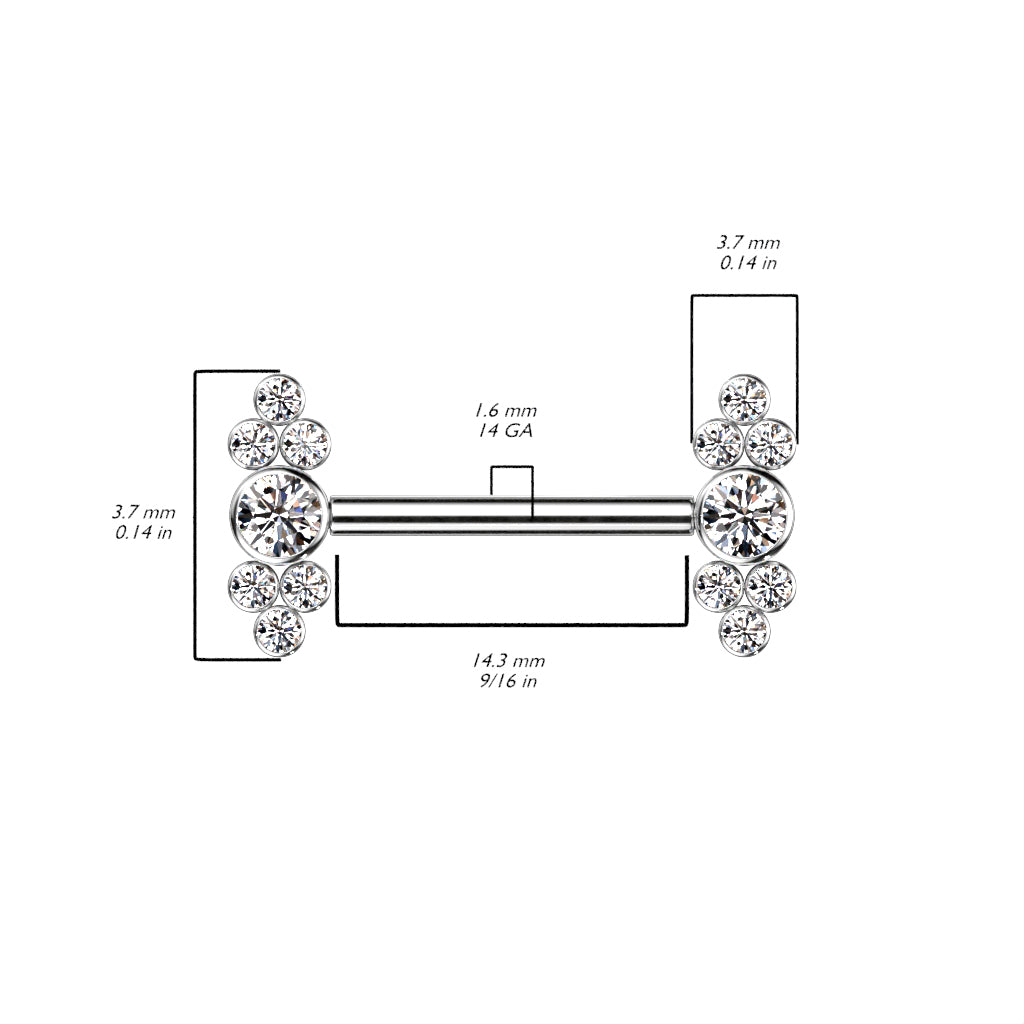 Nipple Barbell With Bezel Set CZ Center and Trinity CZ Clusters