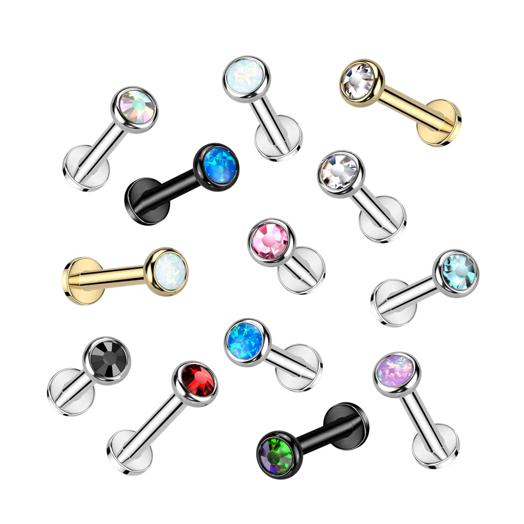 Labret With Flat Bezel Set Crystal or Opal Top
