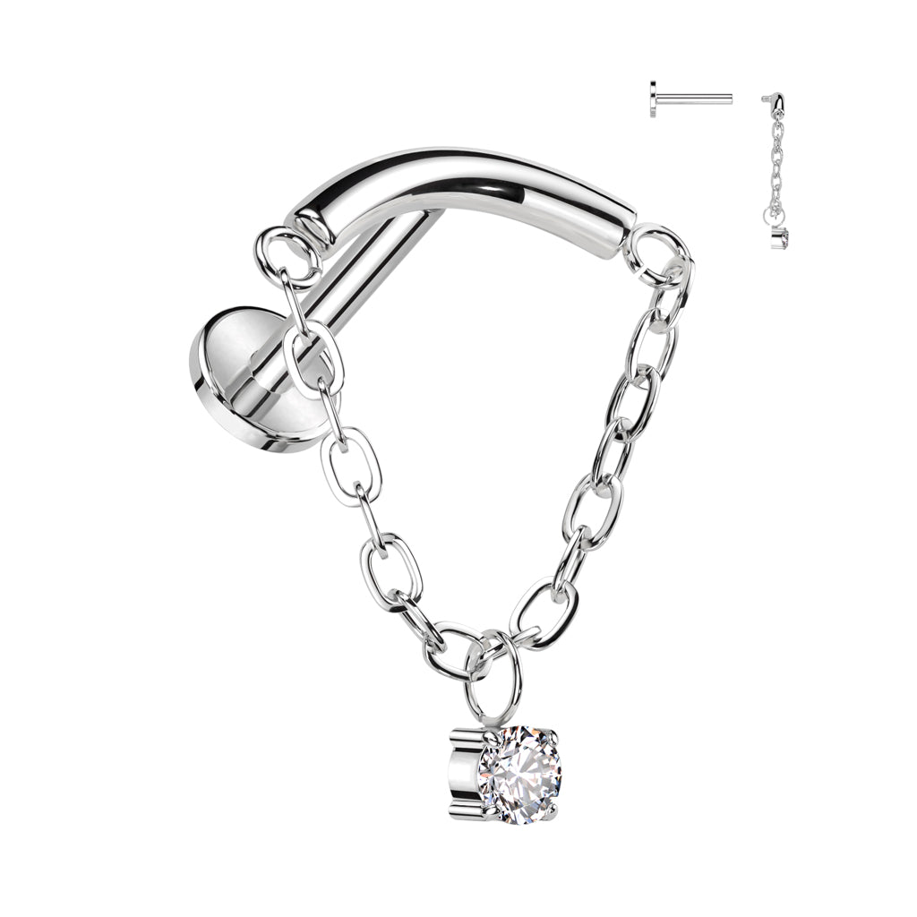 Labret with Chain Linked Curved Bar and CZ Dangle Top
